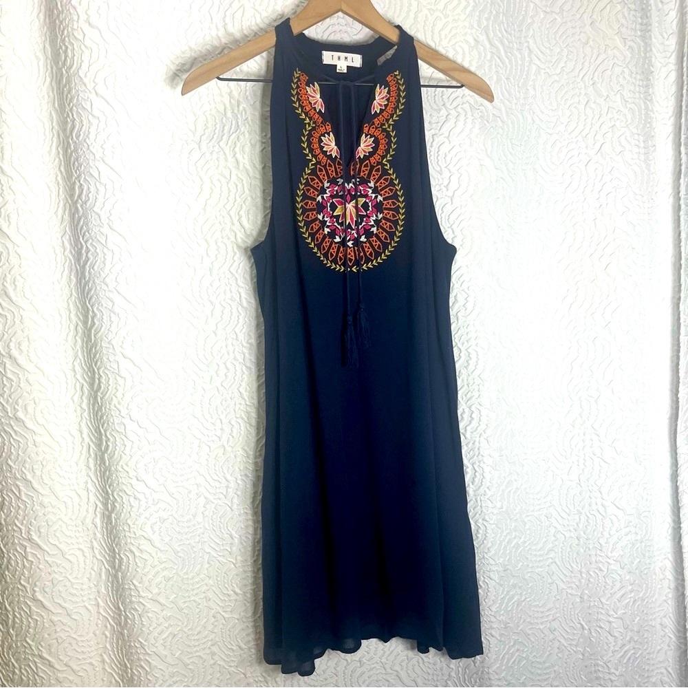 THML Embroidered Boho Halter Tassel Shift Dress Dark Blue Large